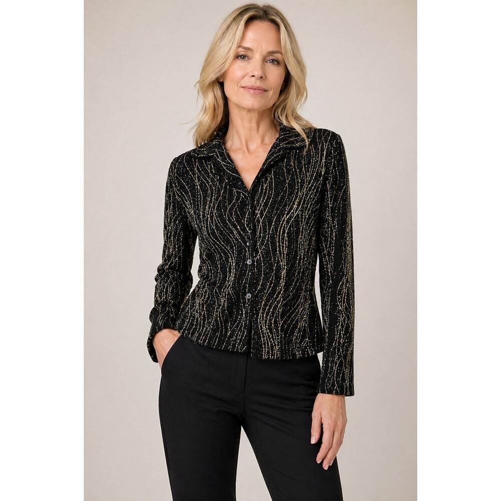 Ronni Nicole brand black blouse featuring gold sparkle size large
